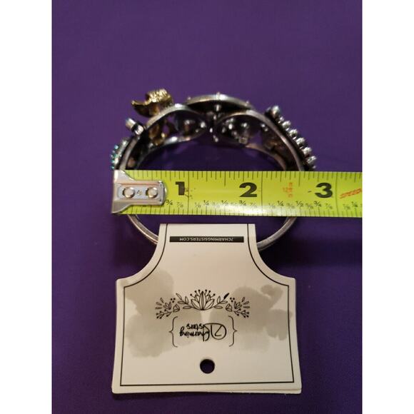 Chunky Ornate Clamper Bangle Bracelet Silver Tone Blue Rhinestones Gold Tone Bow - Picture 7 of 8